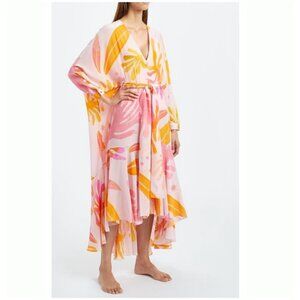 Kalmar 100% Silk Pink Orange Stella Raglan Sleeve Belted Dress